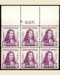 #724 - 3¢ William Penn: Plate Block